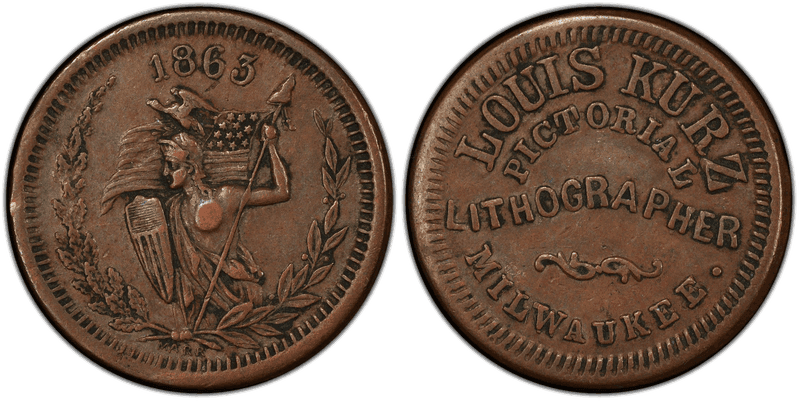(1863) Copper Civil War Store Card F-510X-2a, Louis Kurz WI