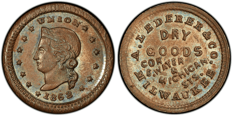 (1863) Copper Civil War Store Card F-510Y-3a, A. Lederer & Co. WI