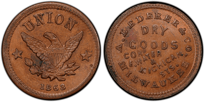 (1863) Copper Civil War Store Card F-510Y-4a, A. Lederer & Co. WI
