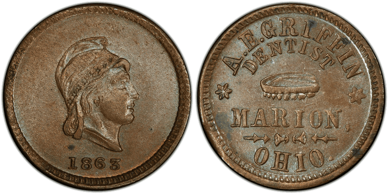 (1863) Copper Civil War Store Card F-520A-2a, A.E. Griffin OH