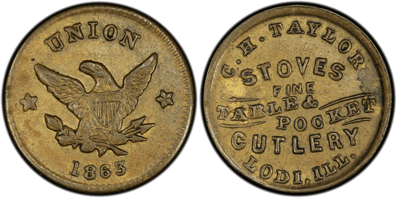 (1863) Brass Civil War Store Card F-520A-2b, C.H. Taylor IL