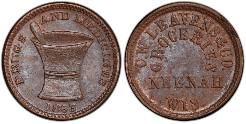 (1863) Copper Civil War Store Card F-520B-1a, C.W. Leavens & Co. WI
