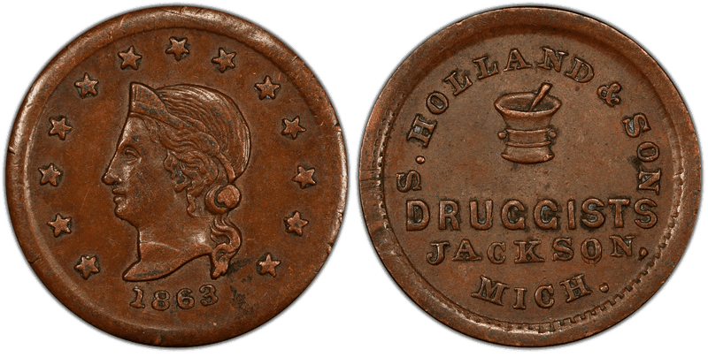 (1863) Copper Civil War Store Card F-525A-1a, S. Holland & Son MI