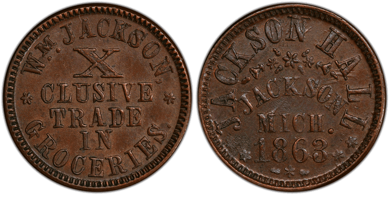 (1863) Copper Civil War Store Card F-525C-3a, Jackson MI
