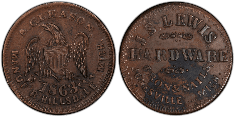 (1863) Copper Civil War Store Card F-527D-1a, J.S. Lewis MI