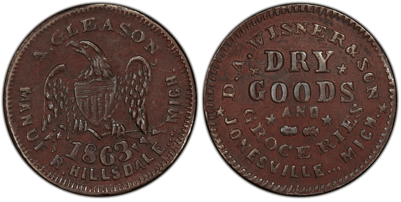 (1863) Copper Civil War Store Card F-527F-1a, D.A. Wisner & Son MI