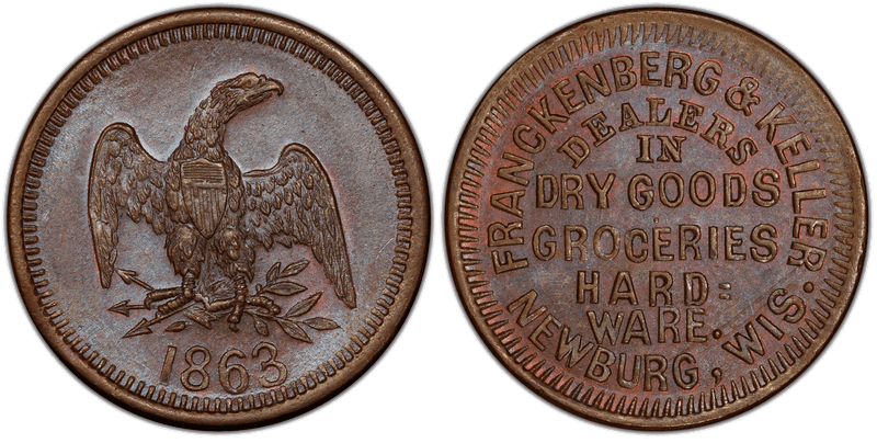 (1863) Copper Civil War Store Card F-530A-1a, Franckenberg & Keller WI