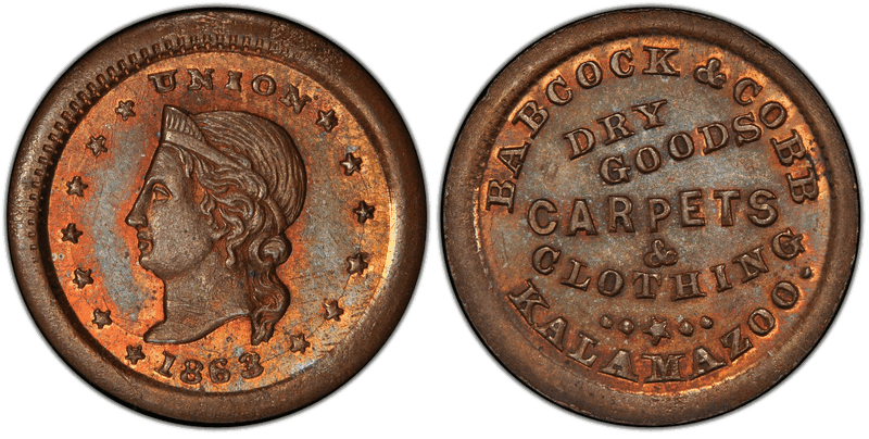 (1863) Copper Civil War Store Card F-530A-1a, Babcock & Cobb MI