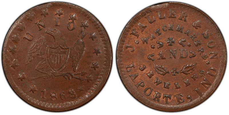 (1863) Copper Civil War Store Card F-530B-2a, J. Faller & Son IN