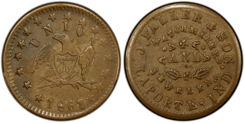 (1863) Brass Civil War Store Card F-530B-2b, J. Faller & Son IN