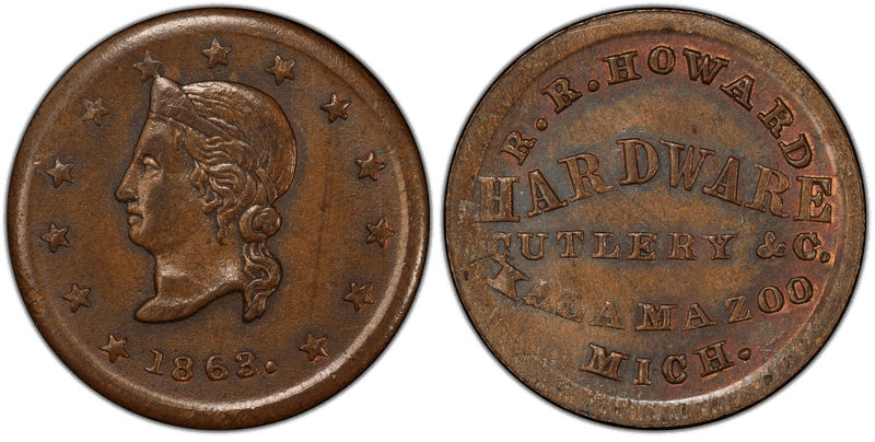 (1863) Copper Civil War Store Card F-530D-1a, R.R. Howard MI