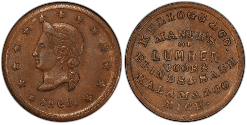 (1863) Copper Civil War Store Card F-530E-1a, Kellogg & Co. MI