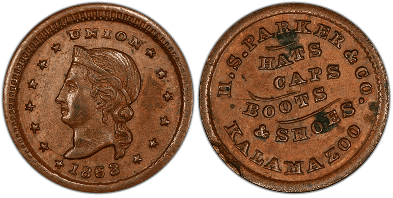 (1863) Copper Civil War Store Card F-530F-2a, H.S. Parker & Co. MI
