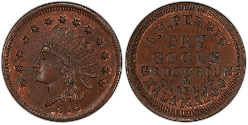 (1863) Copper Civil War Store Card F-530G-1a, L.W. Perrin MI
