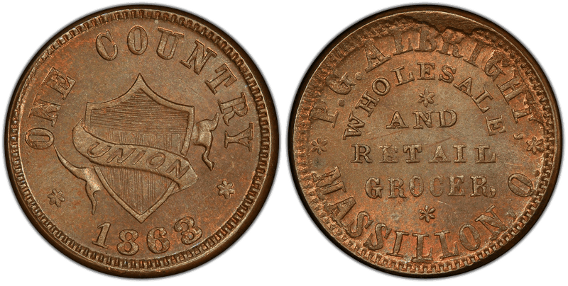 (1863) Copper Civil War Store Card F-535A-3a, P.G. Albright OH