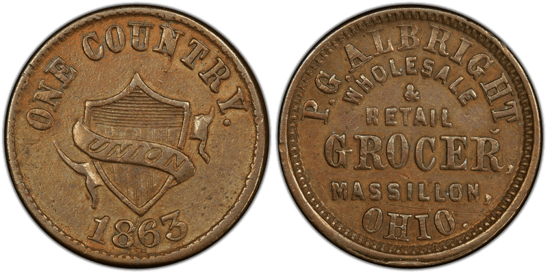 (1863) Copper Civil War Store Card F-535A-6a, P.G. Albright OH