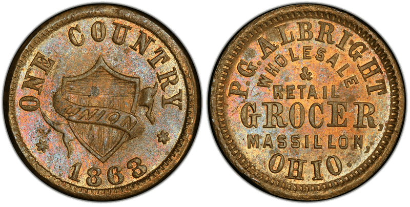 (1863) Brass Civil War Store Card F-535A-7b, P.G. Albright OH