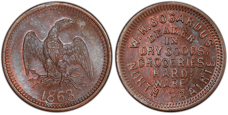 (1863) Copper Civil War Store Card F-550A-1a, W.H. Bogardus WI