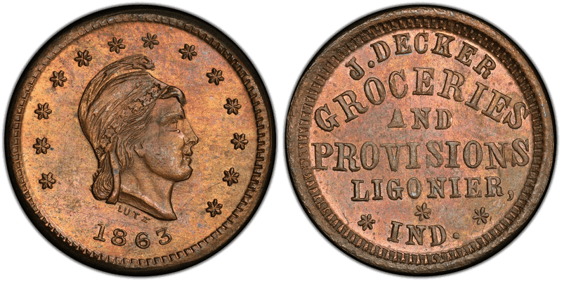 (1863) Brass Civil War Store Card F-550D-1b, J. Decker IN