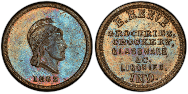 (1863) Brass Civil War Store Card F-550H-1b, E. Reeve IN