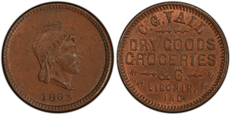 (1863) Copper Civil War Store Card F-550J-1a, C.G. Vail IN