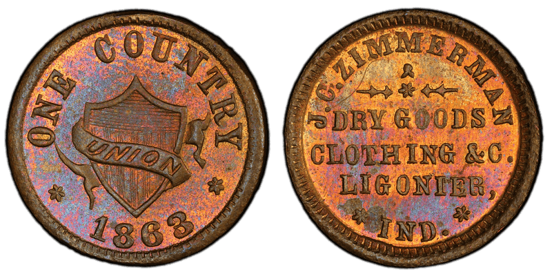 (1863) Brass Civil War Store Card F-550K-2b, J.C. Zimmerman IN
