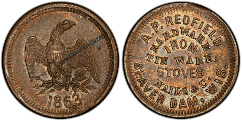 (1863) Copper Civil War Store Card F-55B-1a, A.P. Redfield WI