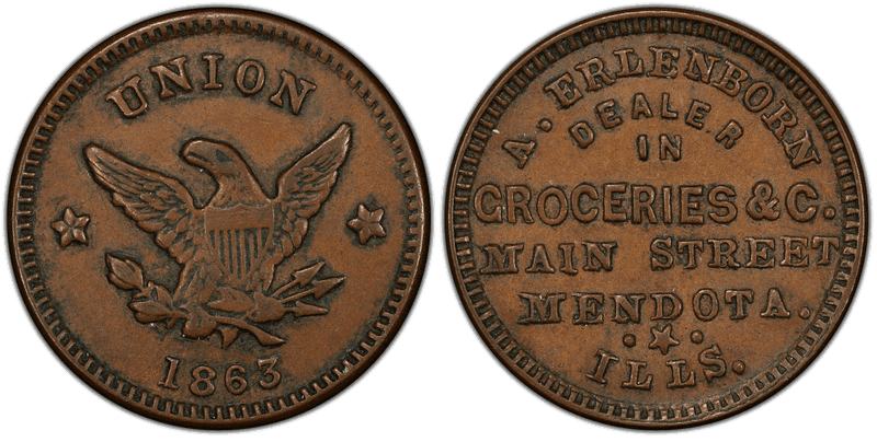 (1863) Copper Civil War Store Card F-560A-1a, A. Erlenborn IL