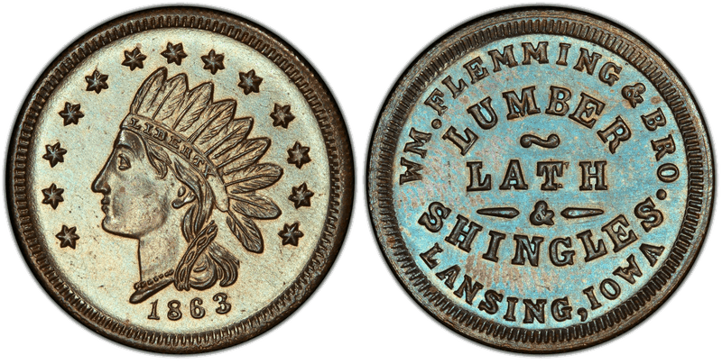 (1863) White Metal Civil War Store Card F-560A-1a, . Flemming & Bro. IA
