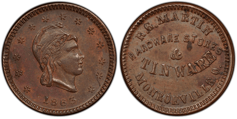 (1863) Copper Civil War Store Card F-560A-7a, R.G. Martin OH