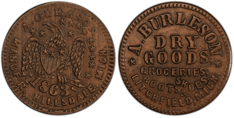 (1863) Copper Civil War Store Card F-577A-1a, A. Burleson MI
