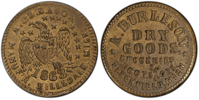 (1863) Brass Civil War Store Card F-577A-1b, A. Burleson MI