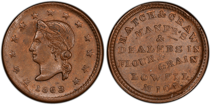 (1863) Copper Civil War Store Card F-580B-1a, Hatch & Craw MI
