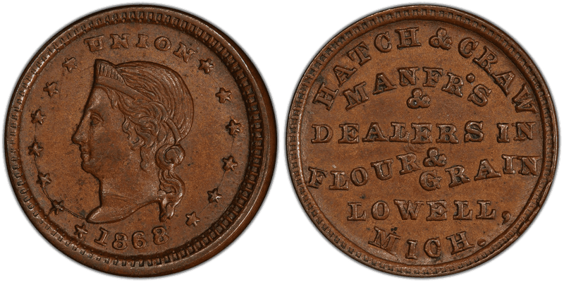 (1863) Copper Civil War Store Card F-580B-4a, Hatch & Craw MI