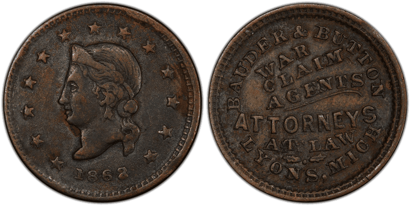 (1863) Copper Civil War Store Card F-587A-1a, Bauder & Button MI