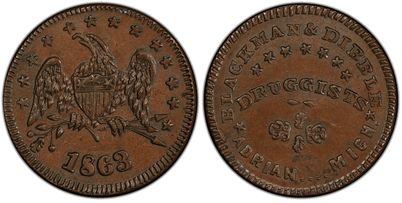 (1863) Copper Civil War Store Card F-5A-1a, Blackman & Dibble MI