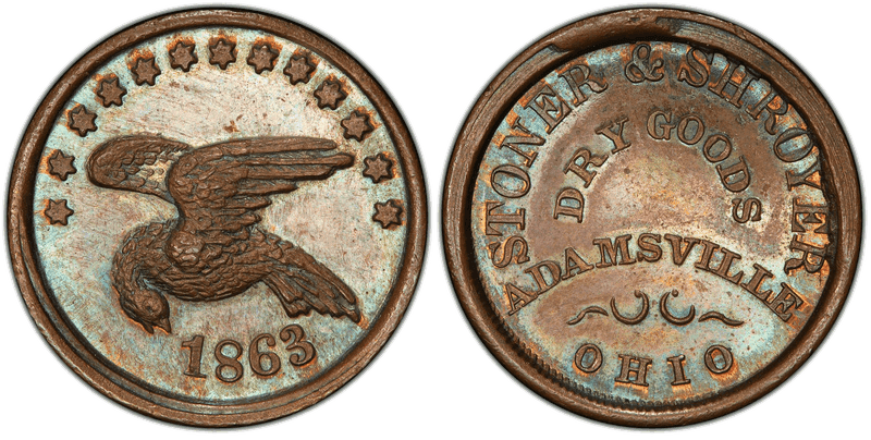 (1863) Copper Civil War Store Card F-5A-7a, Stoner & Shroyer OH