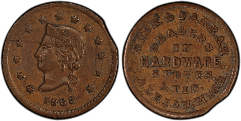 (1863) Copper Civil War Store Card F-5B-2a, Buck & Farrar MI
