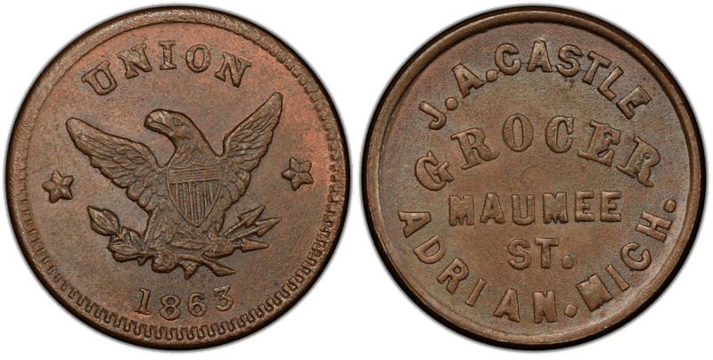 (1863) Copper Civil War Store Card F-5C-1a, J.A. Castle MI