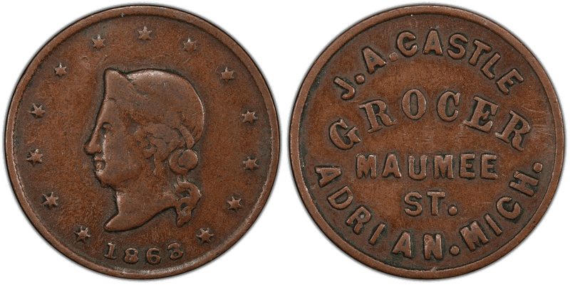 (1863) Copper Civil War Store Card F-5C-2a, J.A. Castle MI