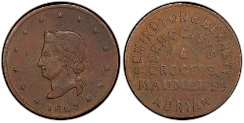 (1863) Copper Civil War Store Card F-5D-1a, Remington & Bennett MI