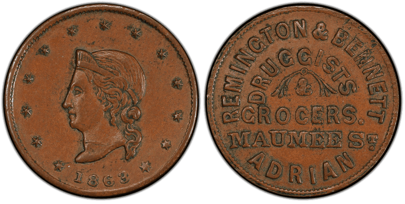 (1863) Copper Civil War Store Card F-5D-4a, Remington & Bennett MI