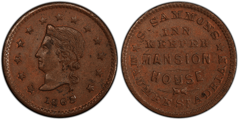 (1863) Copper Civil War Store Card F-5E-2a, S. Sammons MI