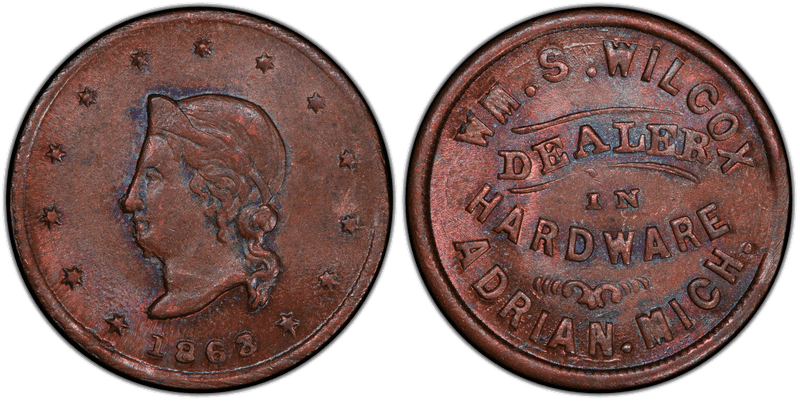 (1863) Copper Civil War Store Card F-5F-2a, Wm. S. Wicox MI