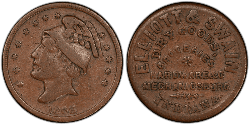 (1863) Copper Civil War Store Card F-600A-1a, Elliott & Swain IN