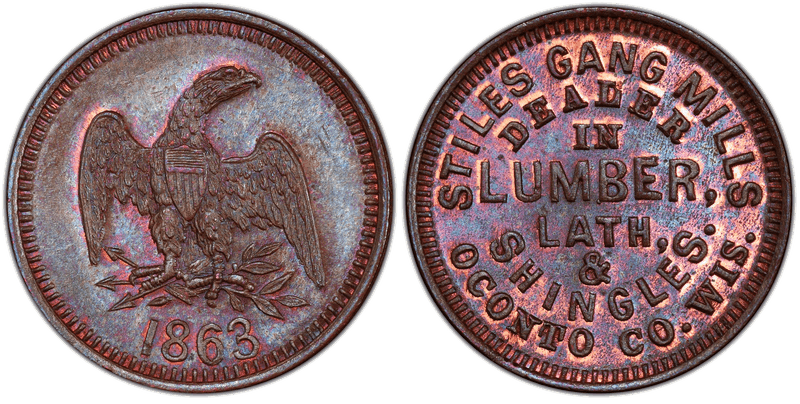 (1863) Copper Civil War Store Card F-600A-1a, Stiles Gang Mills WI