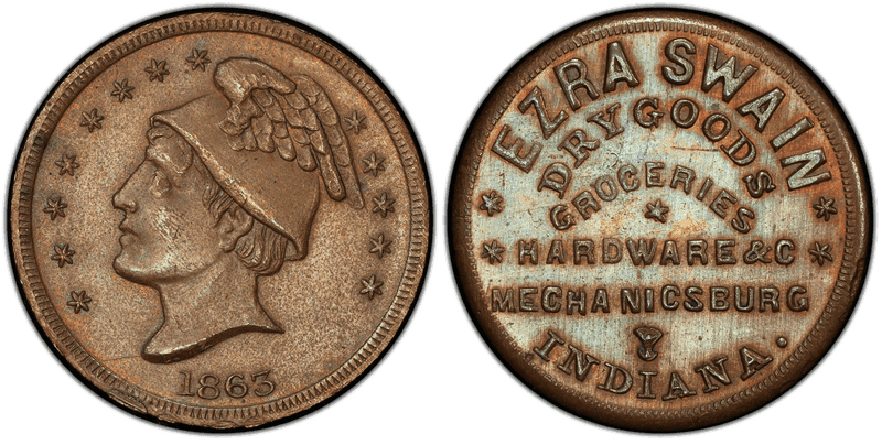 (1863) Copper Civil War Store Card F-600B-1a, Ezra Swain IN
