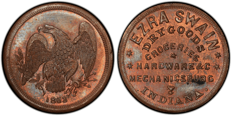 (1863) Copper Civil War Store Card F-600B-2a, Ezra Swain IN
