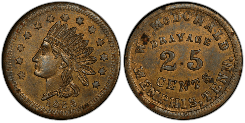 (1863) Brass Civil War Store Card F-600D-1b, . McDonald TN