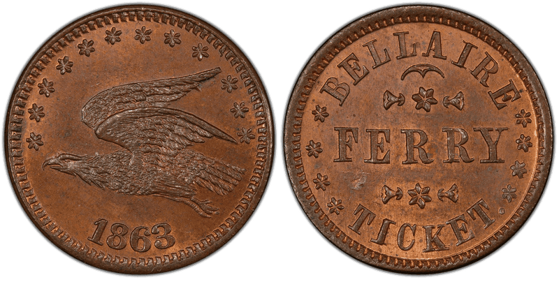 (1863) Copper Civil War Store Card F-60A-1a, Bellaire Ferry OH